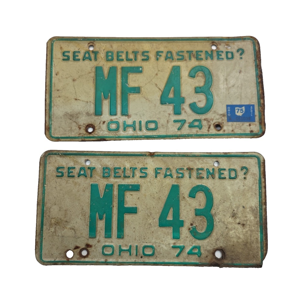 Vintage Original 1974 OHIO License Plate - 'SEAT BELTS FASTENED?' MF‎ 43 (9-9)